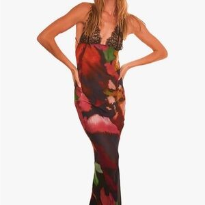 Backless Floral Black and Red Maxi Dress